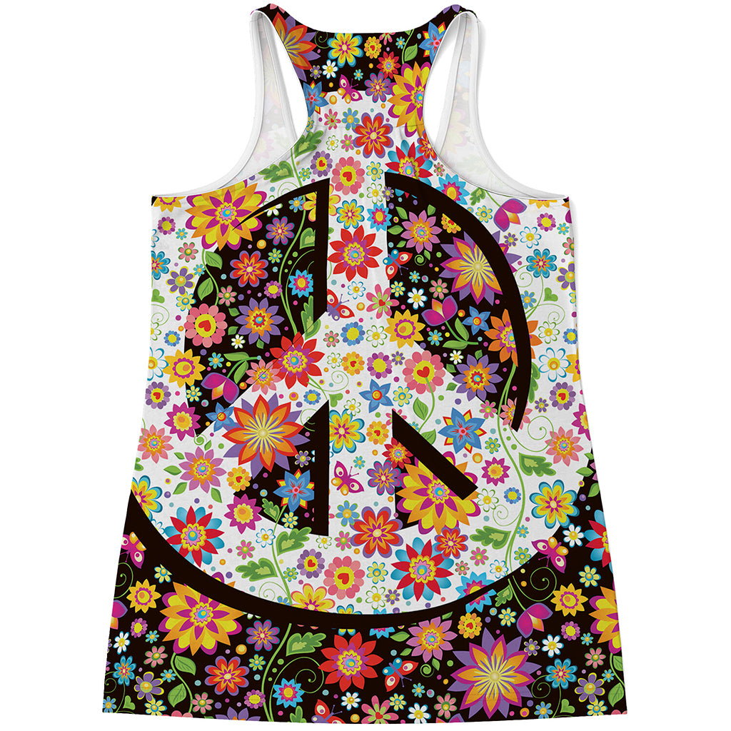 Hippie Flower Peace Sign Print Women's Racerback Tank Top