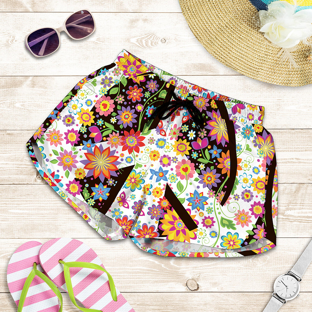 Hippie Flower Peace Sign Print Women's Shorts