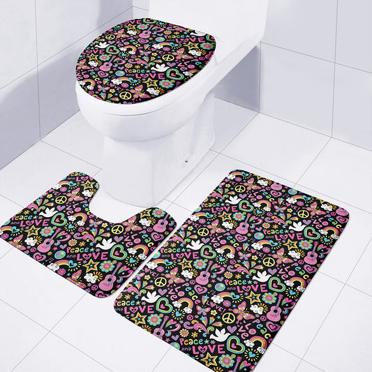 Hippie Peace Sign And Love Pattern Print 3 Piece Bath Mat Set