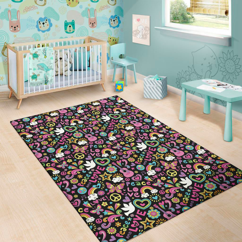 Hippie Peace Sign And Love Pattern Print Area Rug