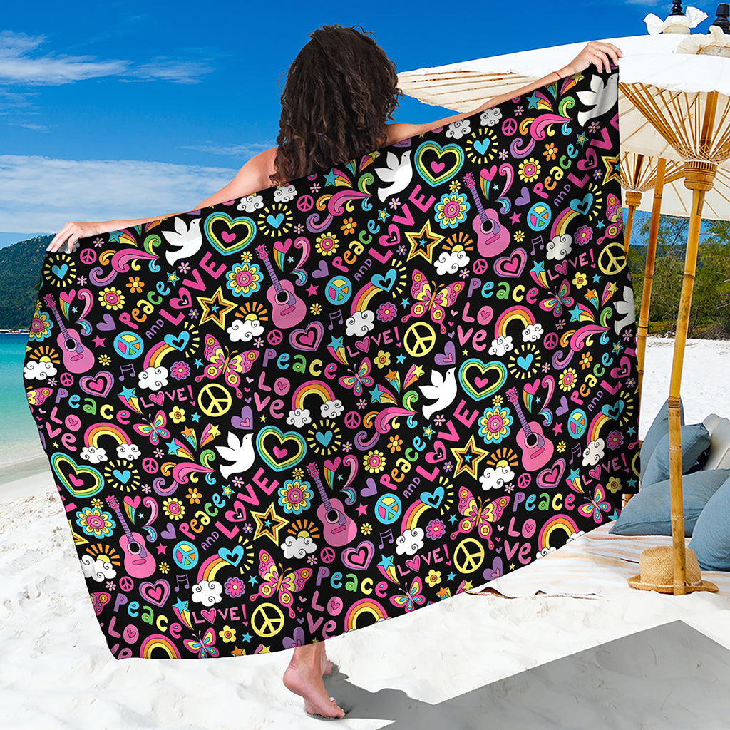 Hippie Peace Sign And Love Pattern Print Beach Sarong Wrap