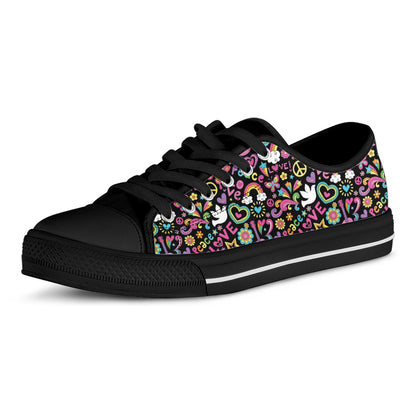 Hippie Peace Sign And Love Pattern Print Black Low Top Shoes