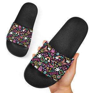 Hippie Peace Sign And Love Pattern Print Black Slide Sandals