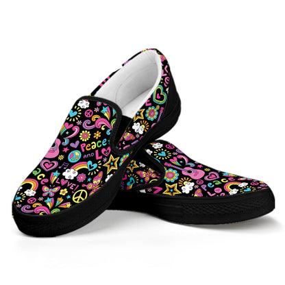 Hippie Peace Sign And Love Pattern Print Black Slip On Shoes