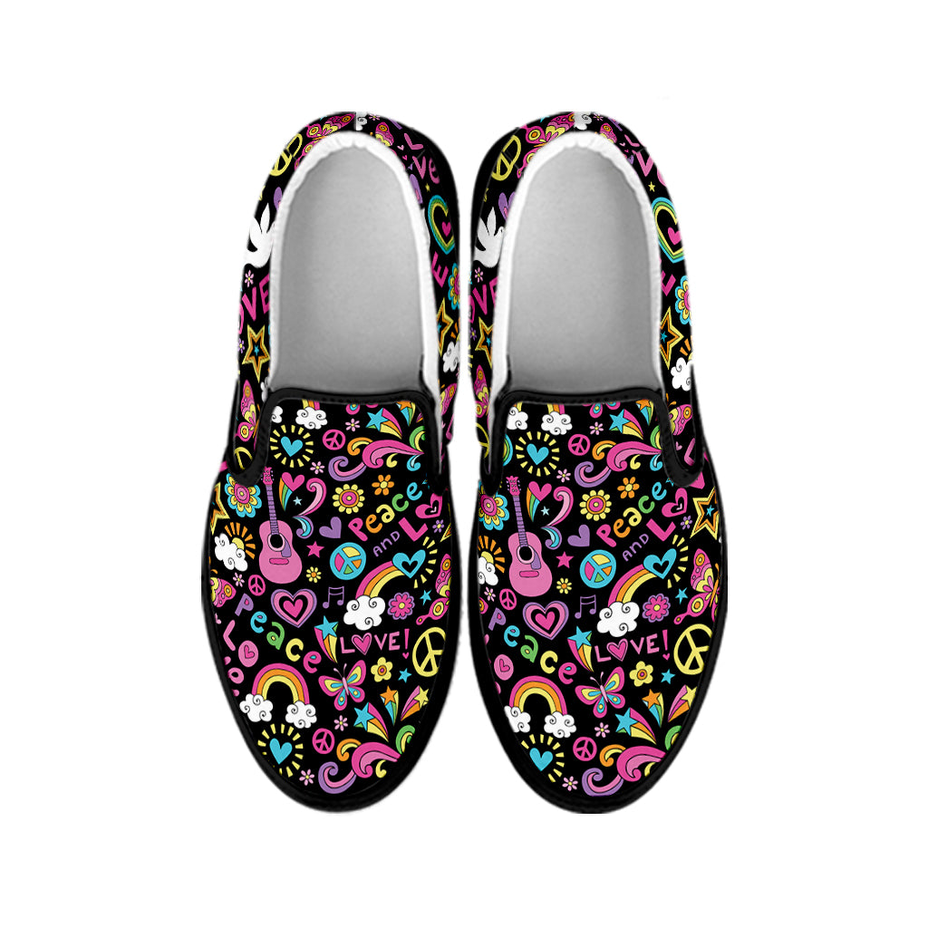 Hippie Peace Sign And Love Pattern Print Black Slip On Shoes