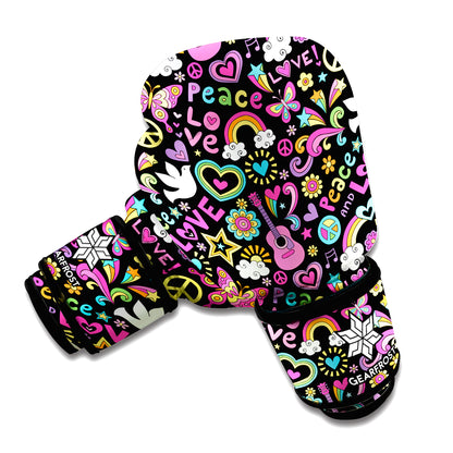 Hippie Peace Sign And Love Pattern Print Boxing Gloves