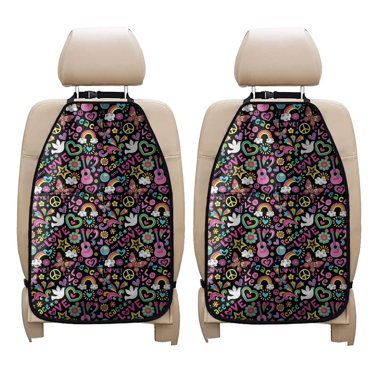 Hippie Peace Sign And Love Pattern Print Car Seat Organizers