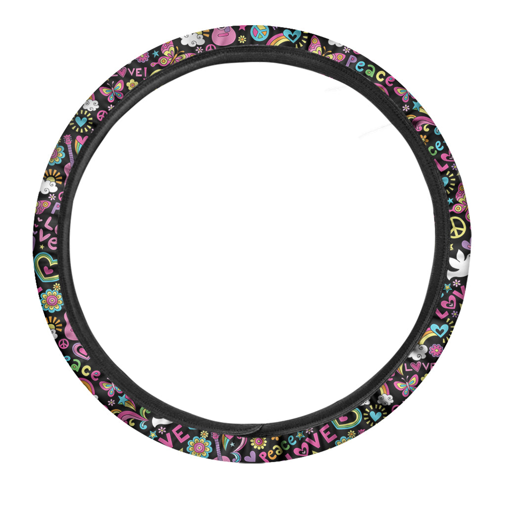 Hippie Peace Sign And Love Pattern Print Car Steering Wheel Cover