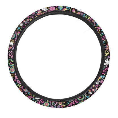 Hippie Peace Sign And Love Pattern Print Car Steering Wheel Cover