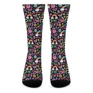 Hippie Peace Sign And Love Pattern Print Crew Socks