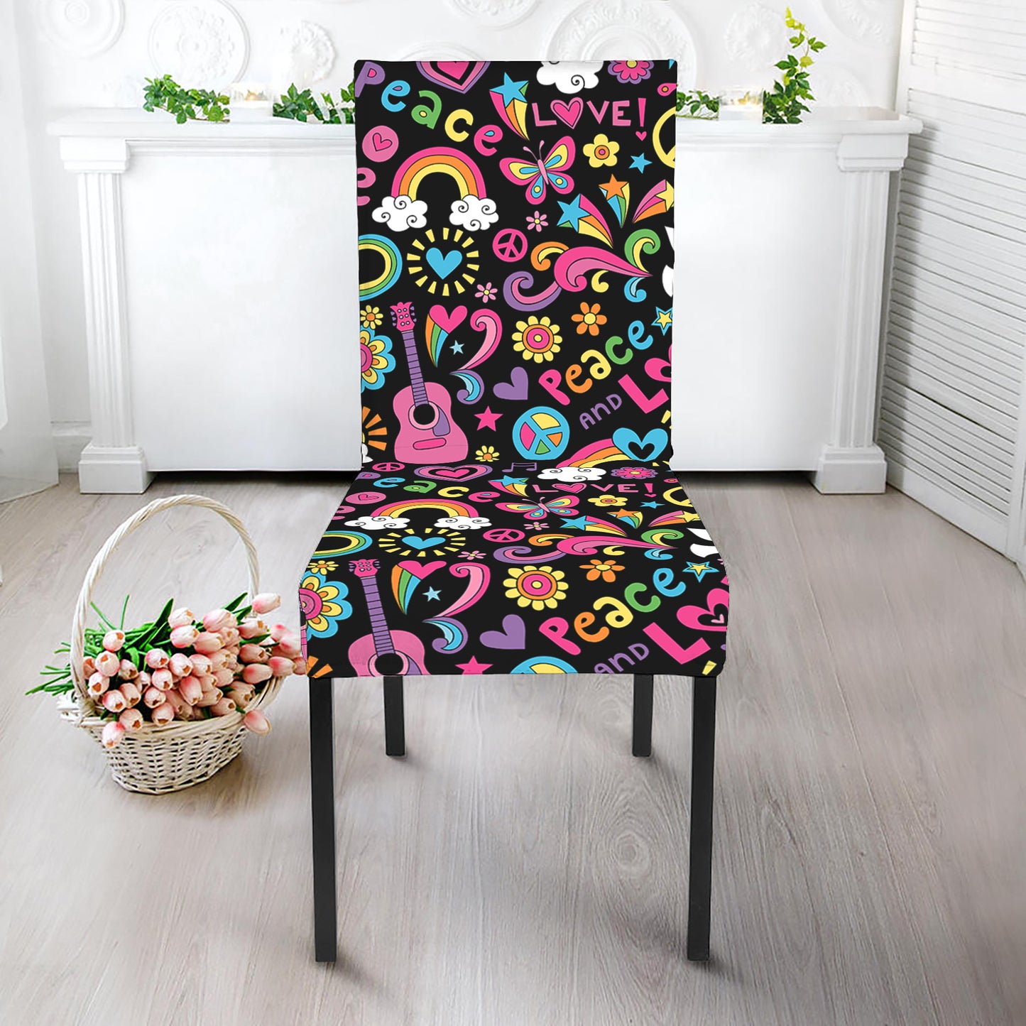 Hippie Peace Sign And Love Pattern Print Dining Chair Slipcover