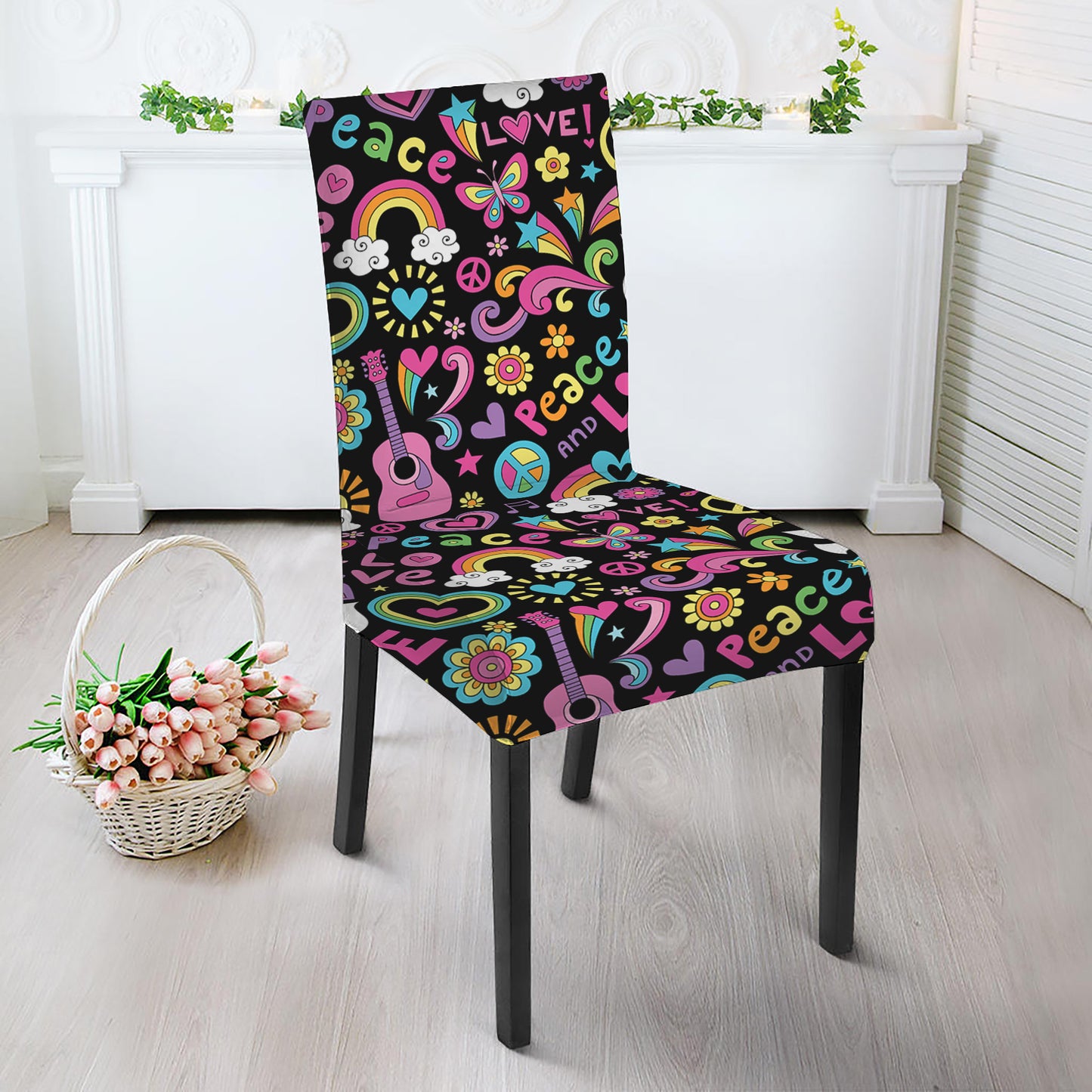Hippie Peace Sign And Love Pattern Print Dining Chair Slipcover