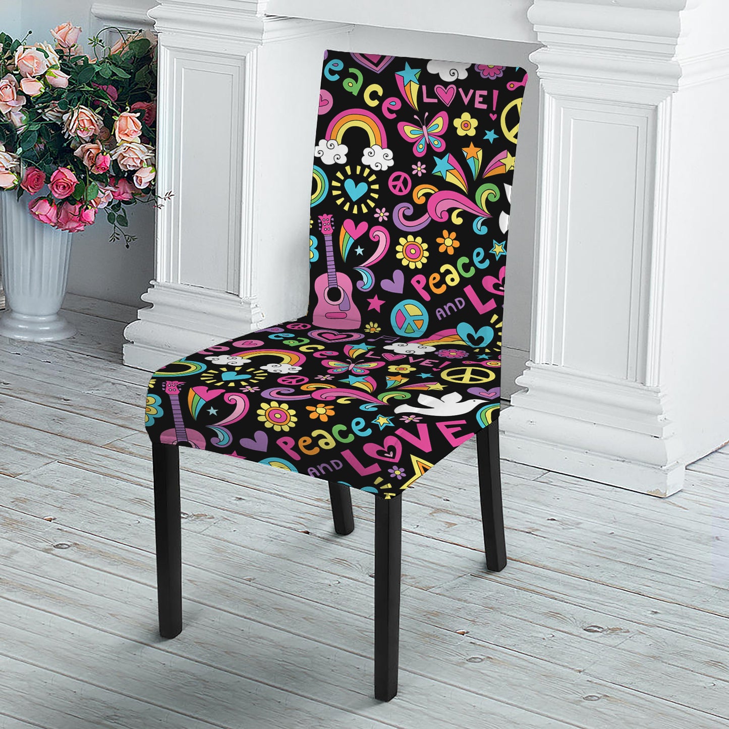 Hippie Peace Sign And Love Pattern Print Dining Chair Slipcover