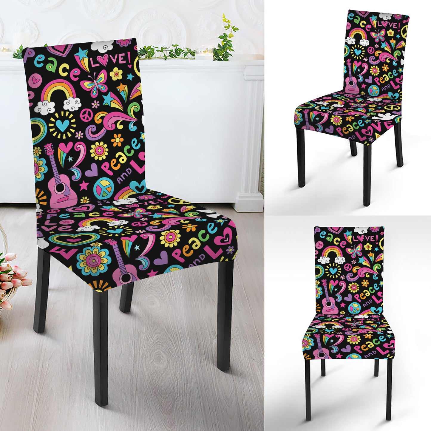 Hippie Peace Sign And Love Pattern Print Dining Chair Slipcover