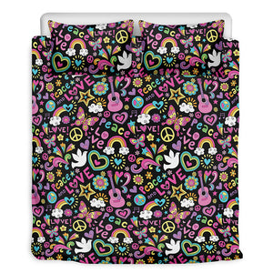 Hippie Peace Sign And Love Pattern Print Duvet Cover Bedding Set