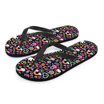 Hippie Peace Sign And Love Pattern Print Flip Flops