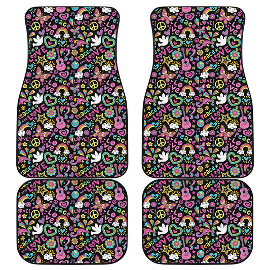 Hippie Peace Sign And Love Pattern Print Front and Back Car Floor Mats