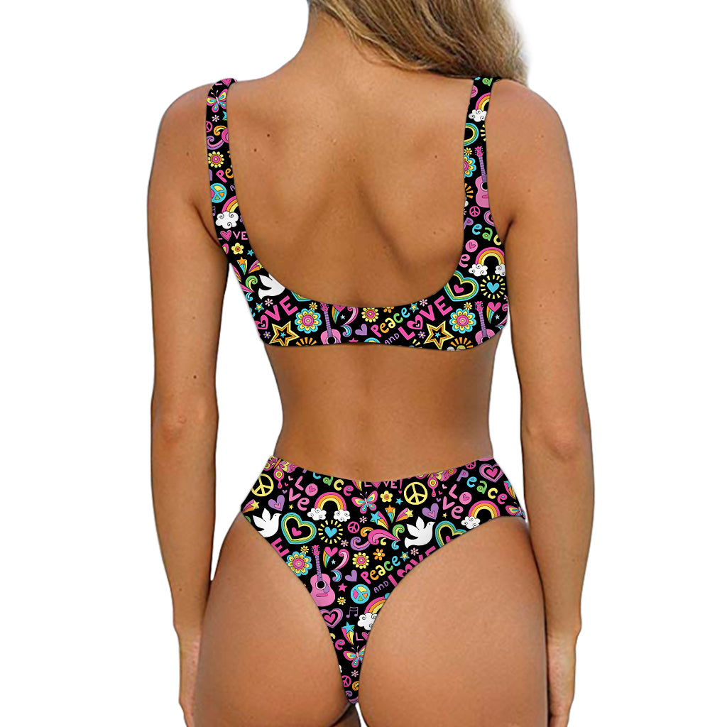 Hippie Peace Sign And Love Pattern Print Front Bow Tie Bikini