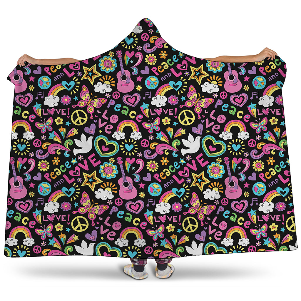 Hippie Peace Sign And Love Pattern Print Hooded Blanket