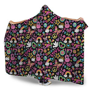 Hippie Peace Sign And Love Pattern Print Hooded Blanket