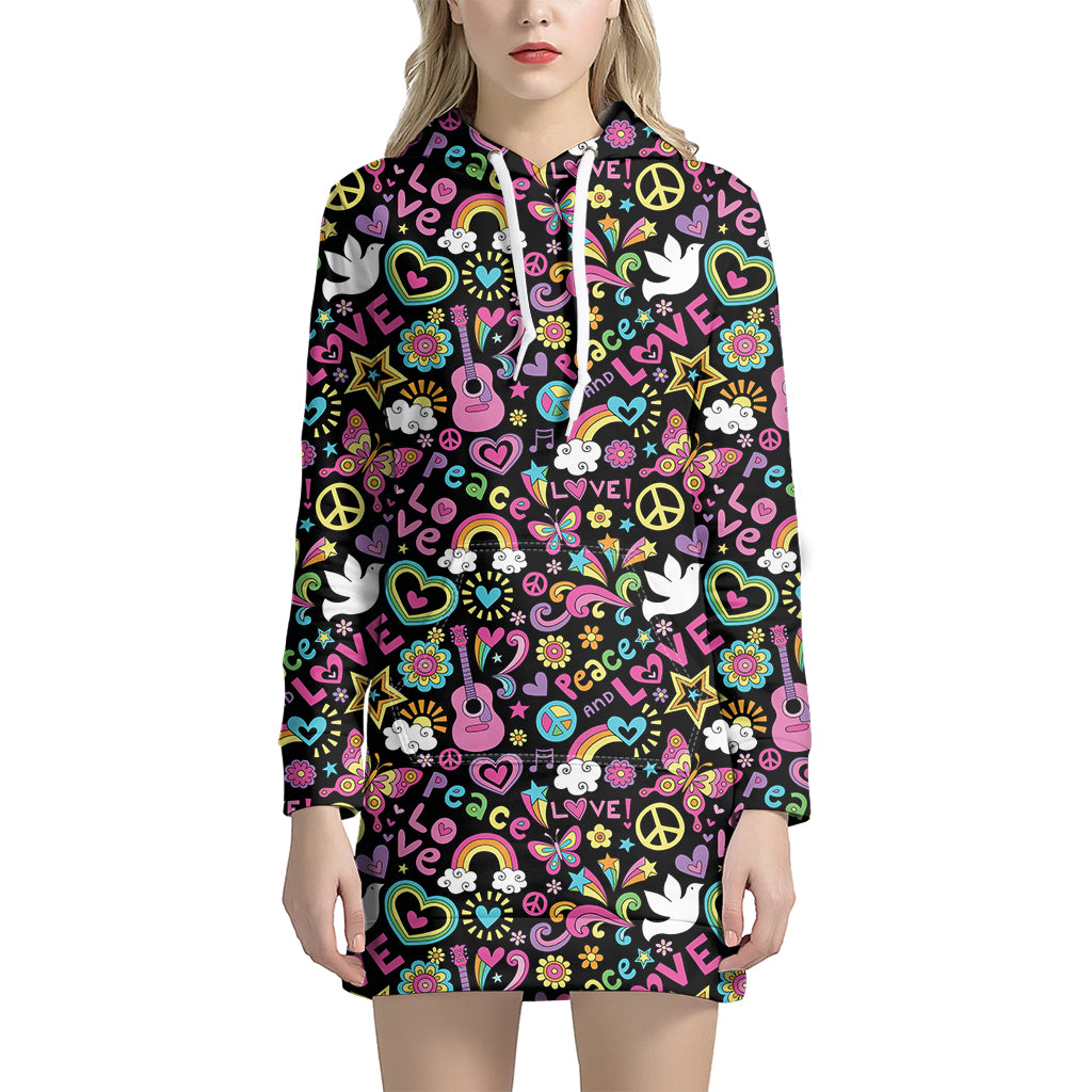 Hippie Peace Sign And Love Pattern Print Hoodie Dress