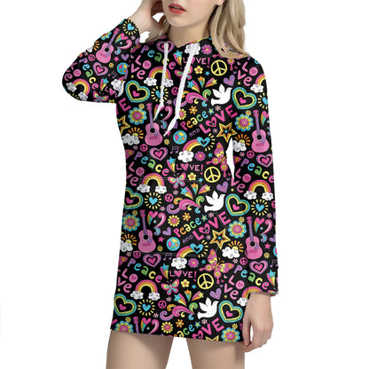 Hippie Peace Sign And Love Pattern Print Hoodie Dress
