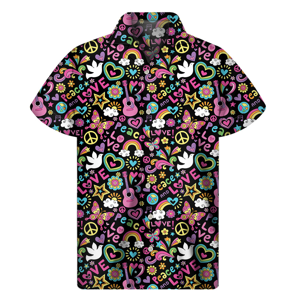Hippie Peace Sign And Love Pattern Print Men's Short Sleeve Shirt