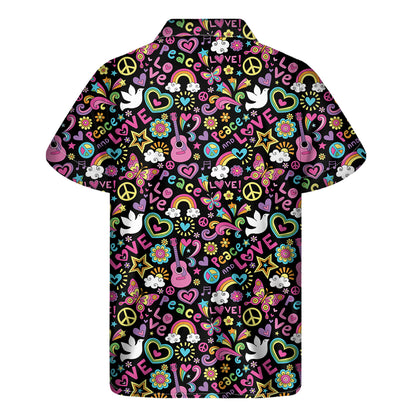 Hippie Peace Sign And Love Pattern Print Men's Short Sleeve Shirt