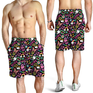 Hippie Peace Sign And Love Pattern Print Men's Shorts