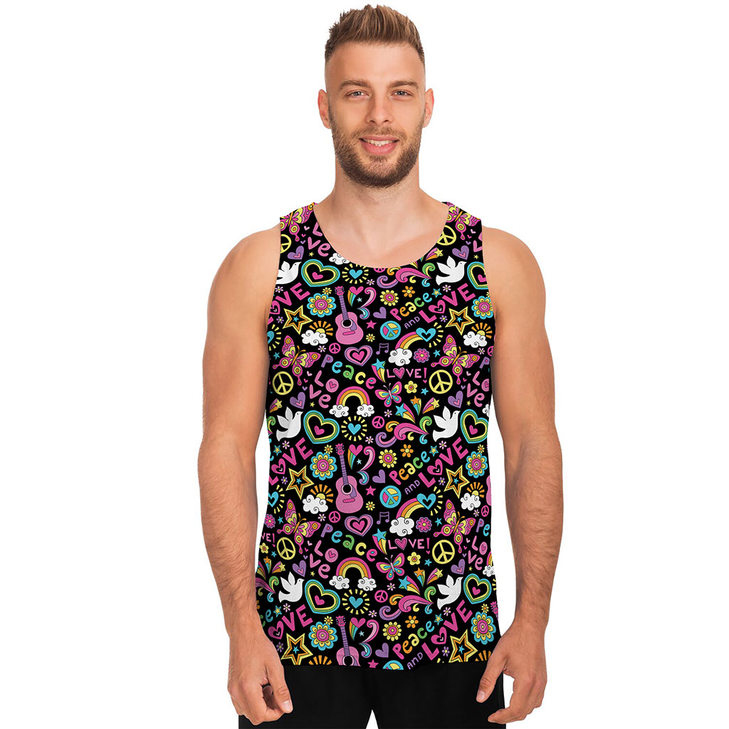 Hippie Peace Sign And Love Pattern Print Men's Tank Top