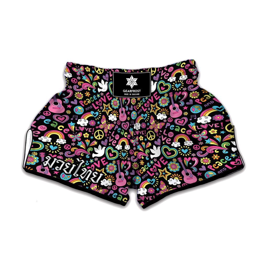 Hippie Peace Sign And Love Pattern Print Muay Thai Boxing Shorts