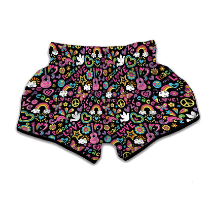 Hippie Peace Sign And Love Pattern Print Muay Thai Boxing Shorts