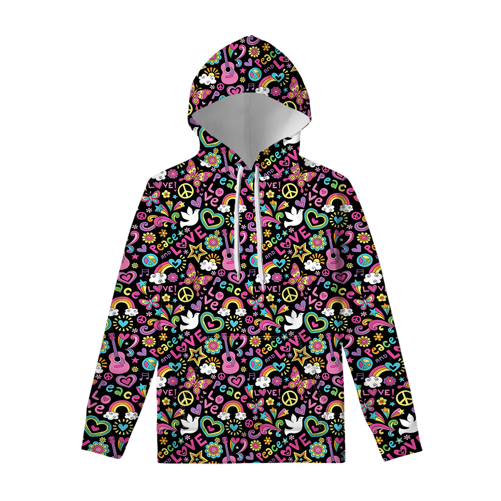 Hippie Peace Sign And Love Pattern Print Pullover Hoodie