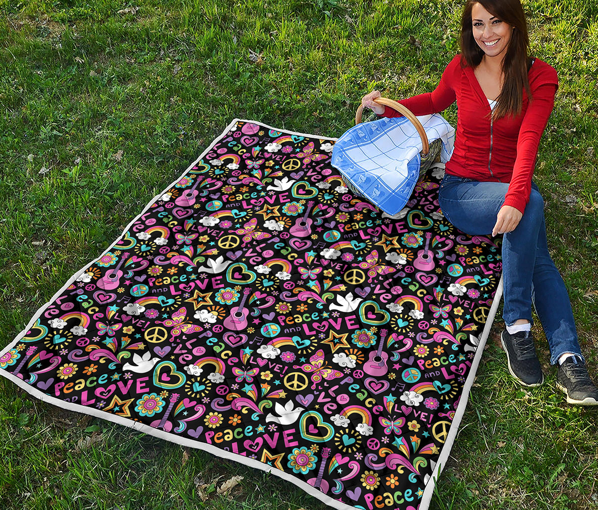 Hippie Peace Sign And Love Pattern Print Quilt