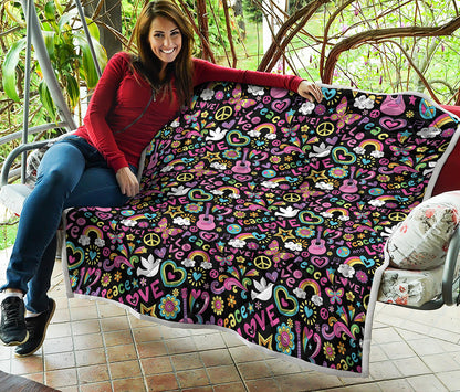 Hippie Peace Sign And Love Pattern Print Quilt