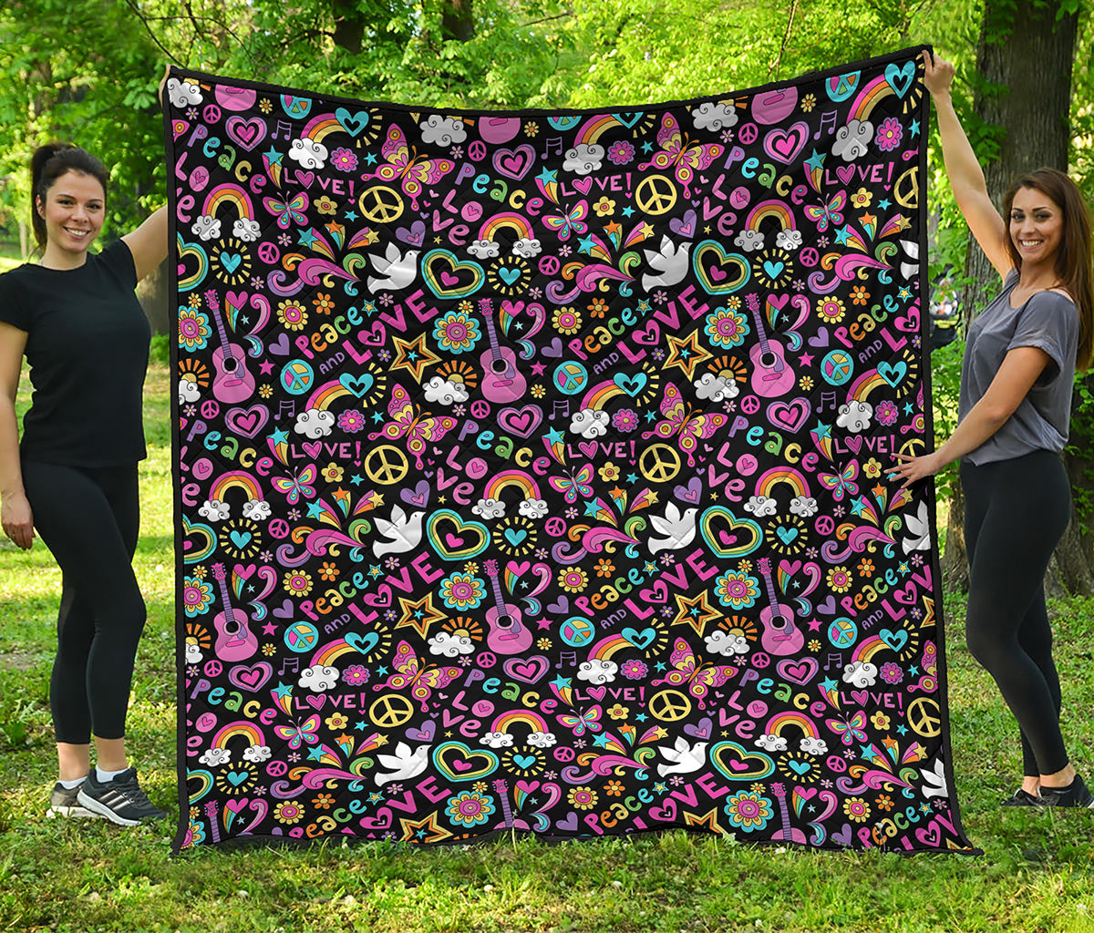 Hippie Peace Sign And Love Pattern Print Quilt
