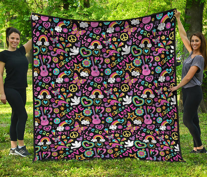 Hippie Peace Sign And Love Pattern Print Quilt