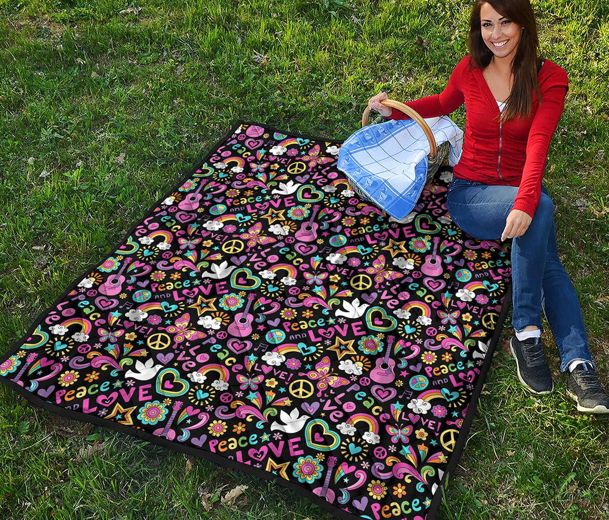 Hippie Peace Sign And Love Pattern Print Quilt