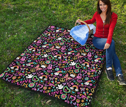 Hippie Peace Sign And Love Pattern Print Quilt