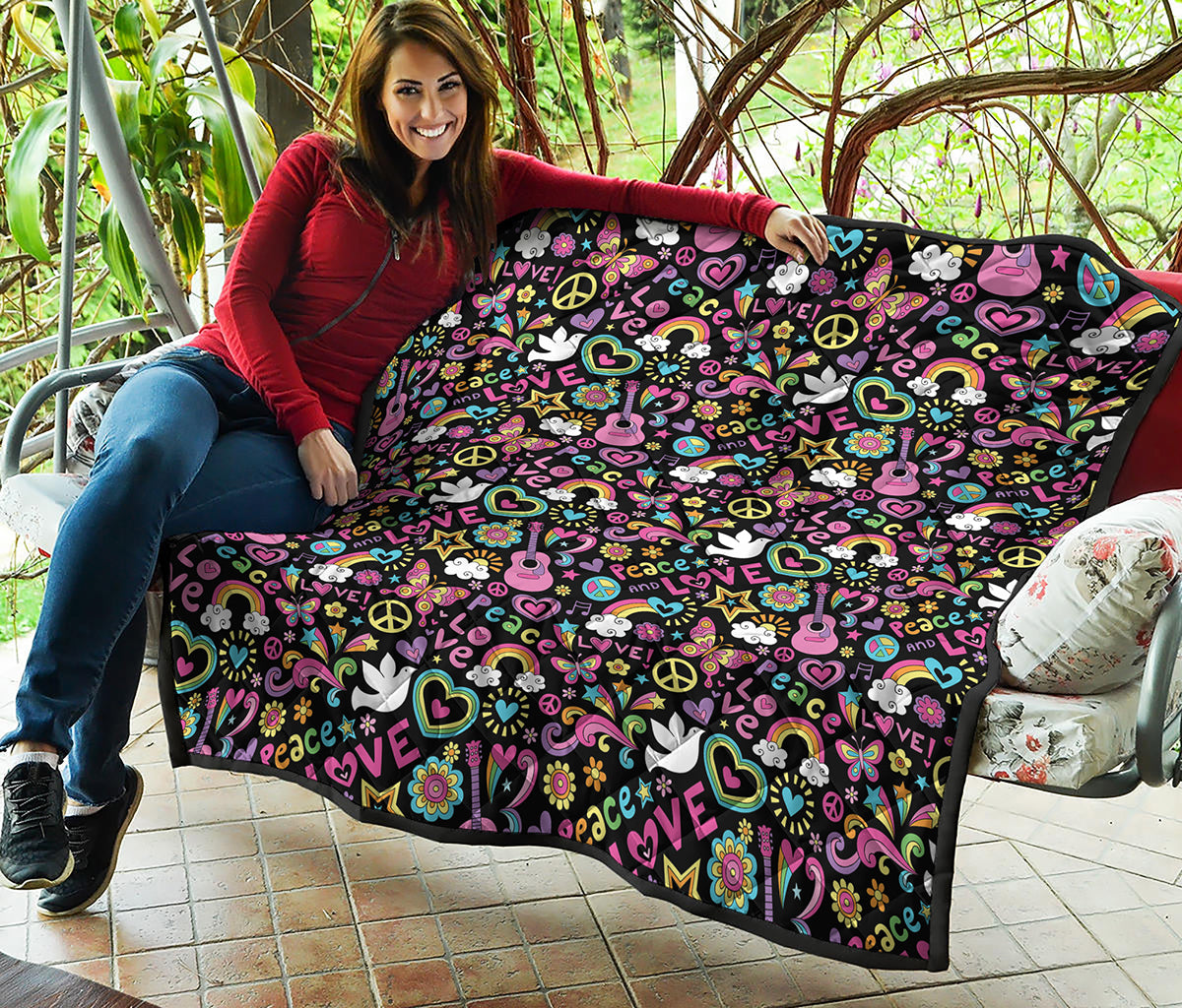 Hippie Peace Sign And Love Pattern Print Quilt