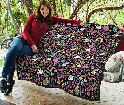 Hippie Peace Sign And Love Pattern Print Quilt