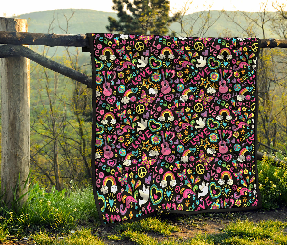 Hippie Peace Sign And Love Pattern Print Quilt