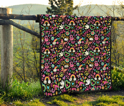 Hippie Peace Sign And Love Pattern Print Quilt