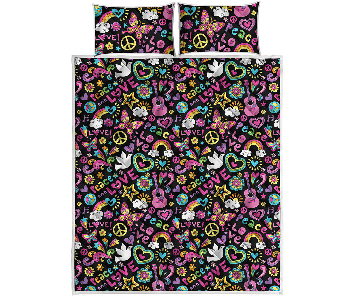 Hippie Peace Sign And Love Pattern Print Quilt Bed Set