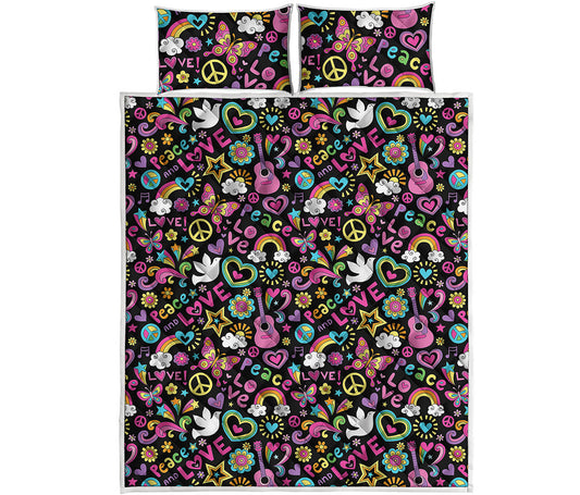 Hippie Peace Sign And Love Pattern Print Quilt Bed Set