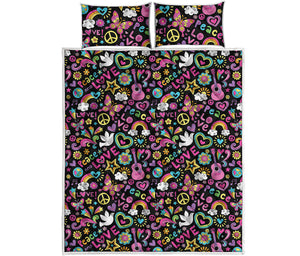 Hippie Peace Sign And Love Pattern Print Quilt Bed Set