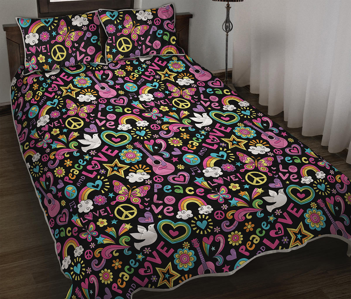 Hippie Peace Sign And Love Pattern Print Quilt Bed Set