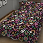 Hippie Peace Sign And Love Pattern Print Quilt Bed Set