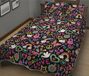 Hippie Peace Sign And Love Pattern Print Quilt Bed Set