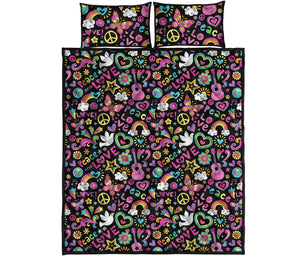 Hippie Peace Sign And Love Pattern Print Quilt Bed Set